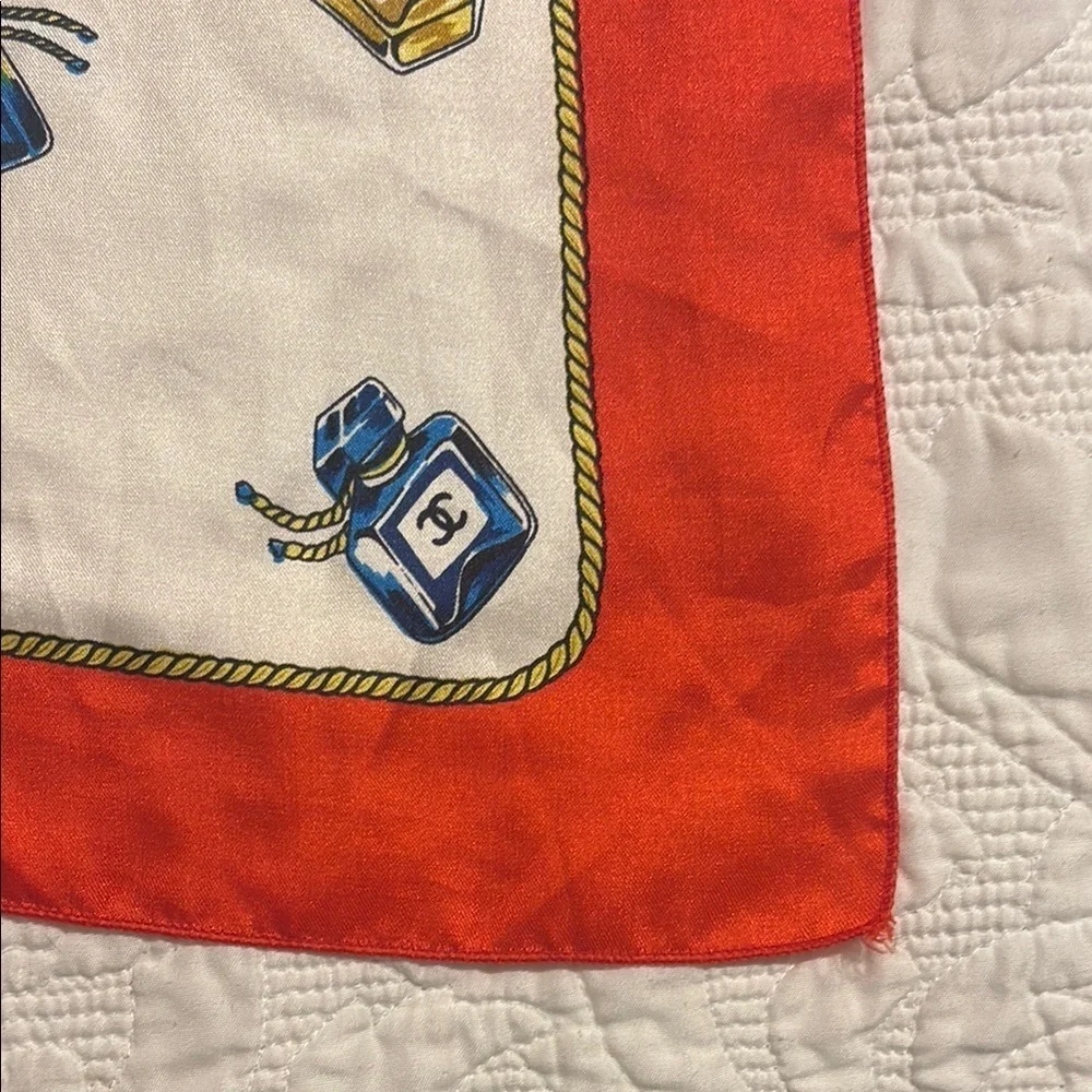 Vintage Chanel Red and White perfume bottle Patterned Scarf